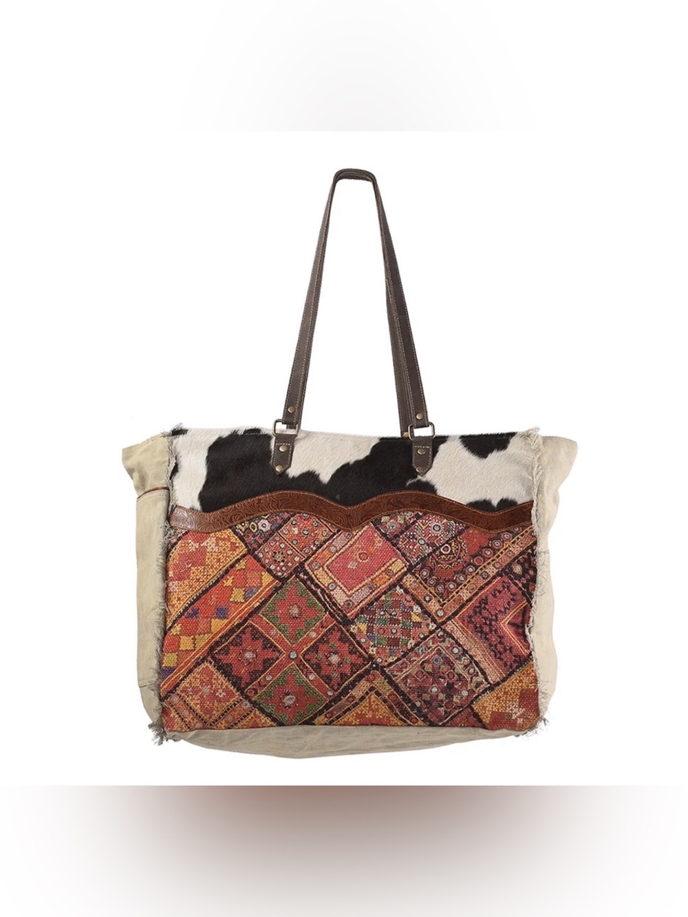 Western Weekender Bag Boho Patchwork Tote Bag in Brown and Black